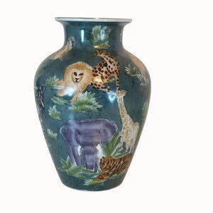 Vintage Hand-Painted Green Ceramic Vase With African Wildlife Safari Animals